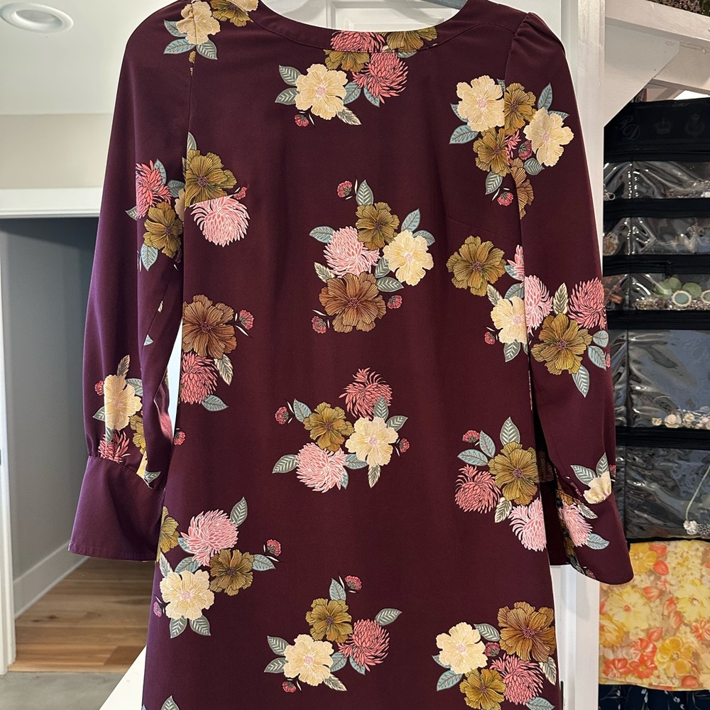 LOFT Burgundy Floral Long Sleeve Dress